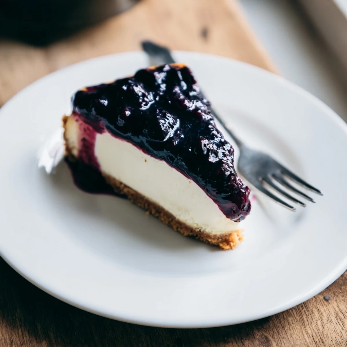 Creamy blueberry cheesecake recipe topped with sweet compote on a graham cracker crust  