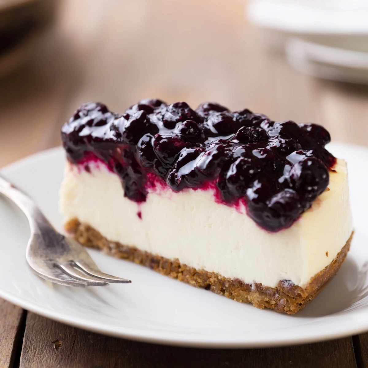 Slice of blueberry cheesecake recipe showing creamy filling and vibrant purple topping