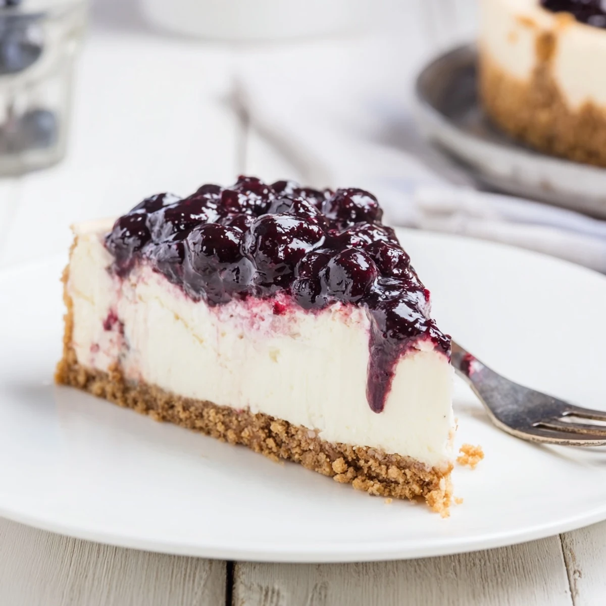 Golden graham cracker crust holds rich blueberry cheesecake recipe with fruity swirls  