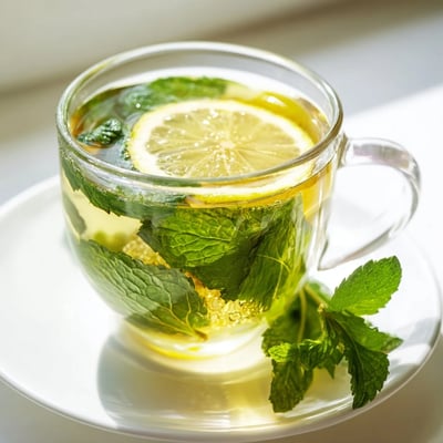 Mint Tea with Honey and Lemon steaming in a clear teacup, showcasing vibrant green mint and a drizzle of golden honey.