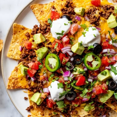 A close-up of vibrant Nachos Supreme with diced tomatoes, red onions, jalapeños, black olives, and a dollop of sour cream on a platter.