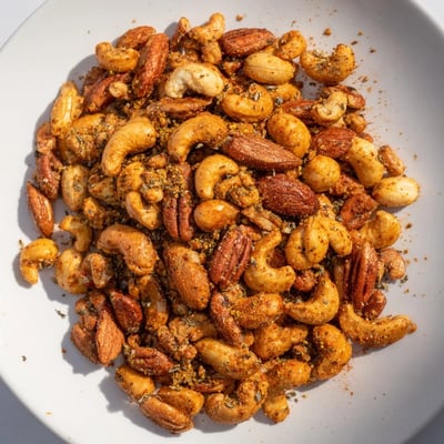 A close-up of Spicy Nuts Mix with Cajun Seasoning served in a small ceramic bowl for snacking.