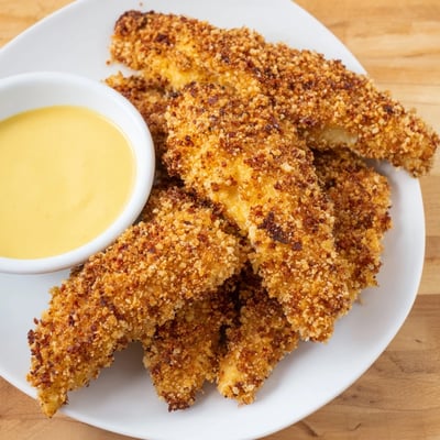 Golden-brown Chicken Tenders with Honey Mustard, arranged on a parchment-lined tray with a small bowl of tangy sauce.