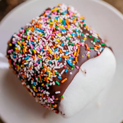 Creamy chocolate-dipped marshmallows on wooden skewers, dusted with colorful sprinkles for an easy homemade party dessert treat.