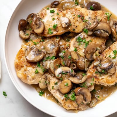 Tender chicken simmering in a rich garlic and herb mushroom sauce, perfect for a comforting weeknight dinner.