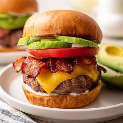 Juicy Beef Burger with Avocado and Bacon stacked high, featuring ripe avocado and smoky bacon on a soft, buttery toasted bun.
