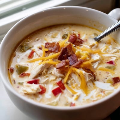 Steaming bowl of spicy jalapeno popper chicken soup featuring tender shredded chicken, diced peppers, and melted cheese floating in a rich golden broth
