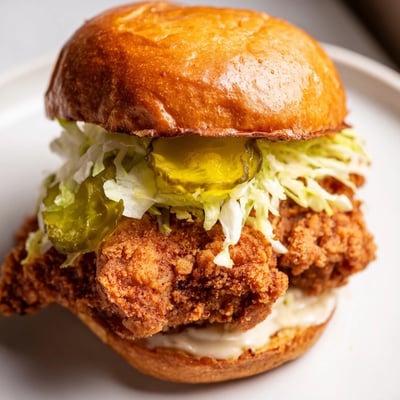 Crispy fried chicken breast marinated in tangy pickle brine topped with fresh lettuce and served on a soft potato bun