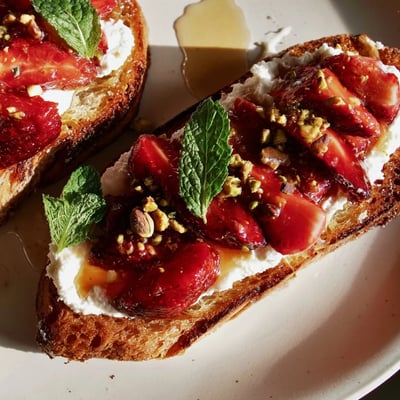 Artisan bread spread with creamy lemon ricotta topped with syrupy oven-roasted red strawberries