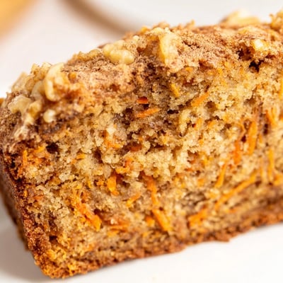 Moist slice of spiced carrot cake banana bread topped with cream cheese frosting and walnuts