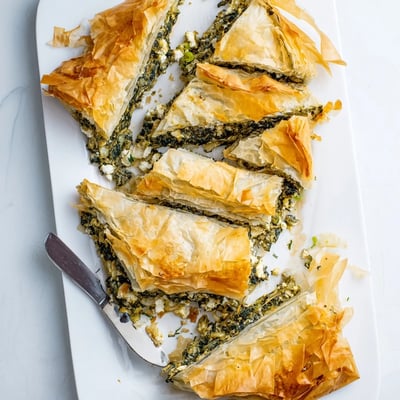 Crispy authentic Greek spanakopita pie sliced into squares revealing creamy green herb filling