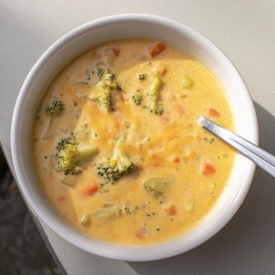 Velvety homemade broccoli cheddar soup garnished with fresh chives and served with crusty bread
