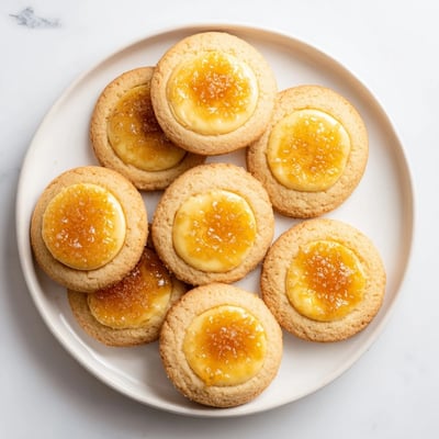 Buttery shortbread cookies topped with creamy custard and torched caramelized sugar layer