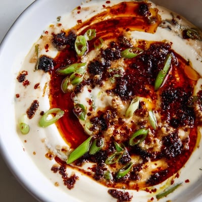 Smoky charred scallion and chili crisp dip served in a bowl alongside crispy tortilla chips