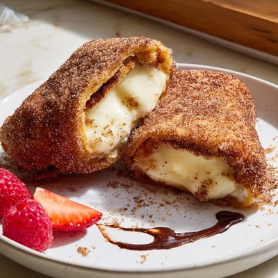 Creamy cheesecake chimichangas fried until golden and drizzled with rich chocolate sauce