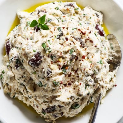 Italian Style Olive and Cheese Spread served with golden crostini crackers
