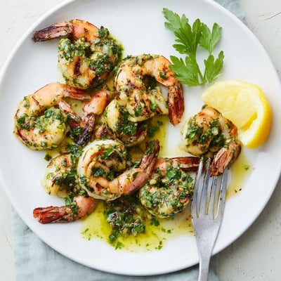 Golden grilled chimichurri shrimp garnished with fresh parsley and lemon wedges