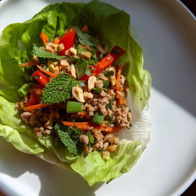 Crisp lettuce cups filled with aromatic Thai Chicken Lettuce Wraps and vibrant vegetables  