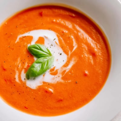 Bowl of rich roasted tomato basil soup recipe served with crusty bread.  