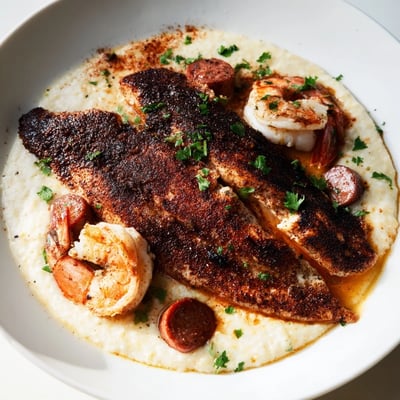 Succulent shrimp and savory sausage top blackened Cajun catfish over rich grits.