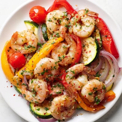 Juicy garlic butter shrimp tossed with vegetables on a sizzling hot sheet pan.
