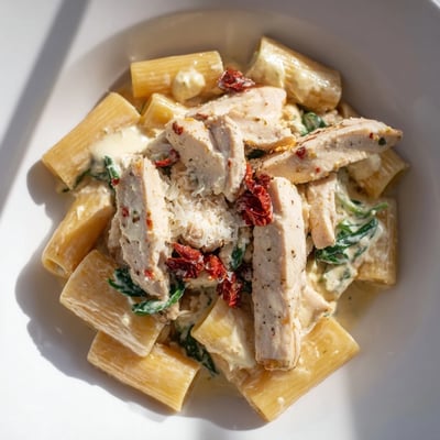 One pan Tuscan chicken pasta served hot with grated Parmesan and fresh spinach leaves.  